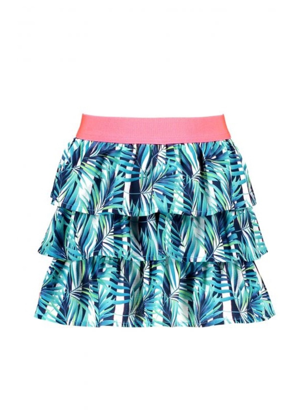 Girls Tiered Tropical Print Skirt with Pink Waistband